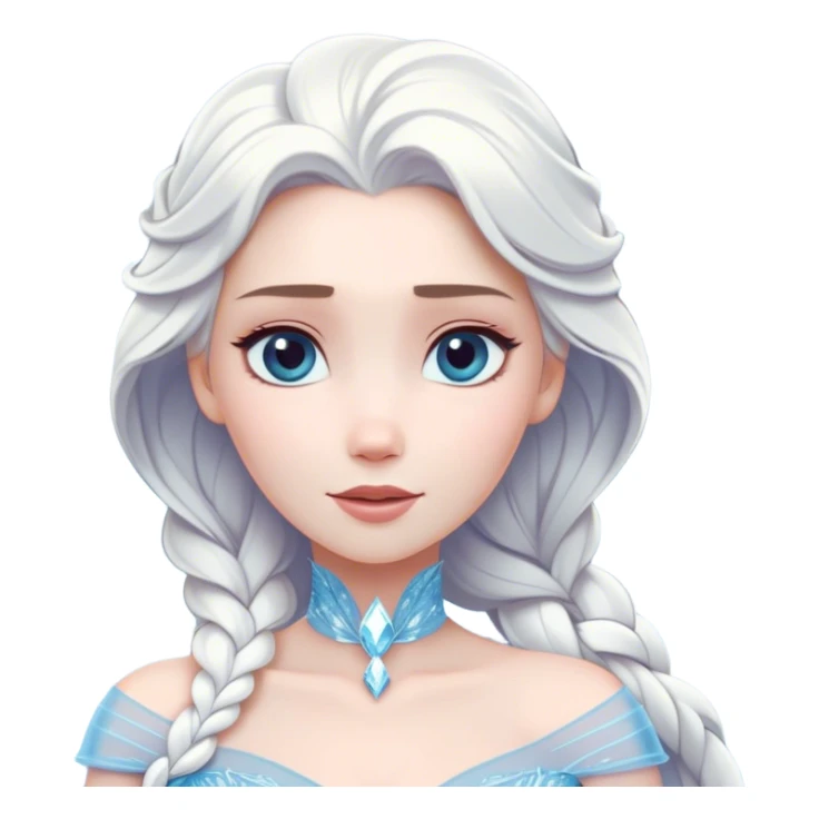 Cinematic Timeless Snow Queen Portrait Emoji, rendered in a clean, vector style. Depict Elsa with icy pale skin, intricately styled platinum hair, and a serene, regal expression, dressed in a minimalist ice-blue gown. The design features bold, simplified shapes, a soft, drowsy crystalline glow, and a subtle glowing outline, capturing the essence of timeless, majestic winter beauty. sticker