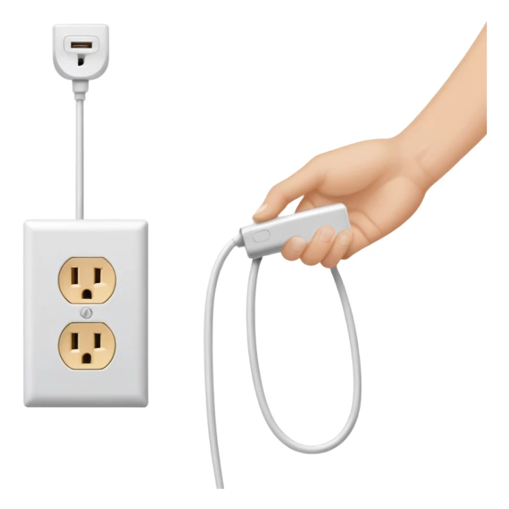 hand plugging a cord into a wall outlet emoji, symbolizing electrical installation, clear and simple style sticker