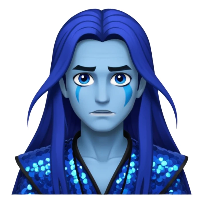 Hades from Lore Olympus with long indigo hair, indigo sequin outfit sticker