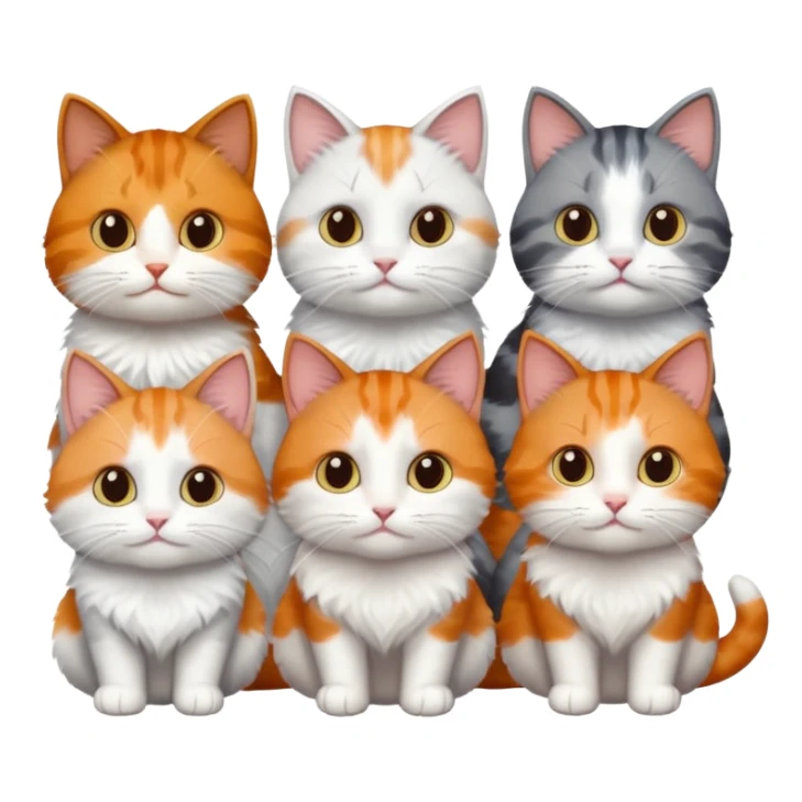 6 cats with different coloured coats, 2 are grey and white, 1 is grey with a little white, 1 calico, 1 brown tabby and white and one ginger and white sticker