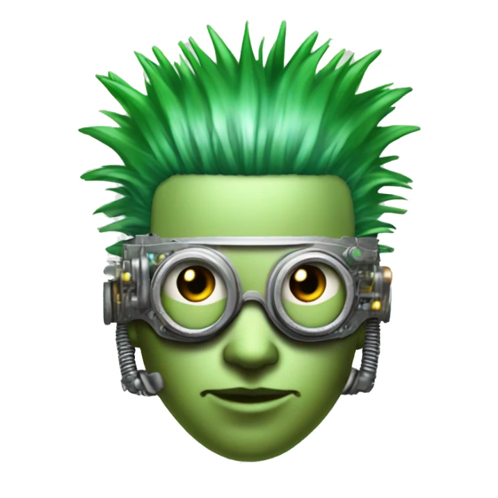Green Mohawk hair male cyborg head with white steampunk goggles and circuits sticker