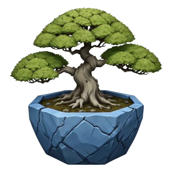 Japanese very old broken intricate Stone Age rocky-crusted dodecahedron-shaped shallow dark moss rough bark blue maple tree bonsai pot sticker