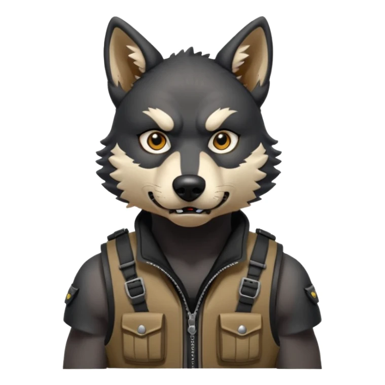 A full black anthropomorphic wolf with white marks, he is wearing a rubber like dog muzzle, and his ears are standing up with a variety of piercings. He has a black tactical vest on, and he is in a grumpy mood, his arms just hanging by his side sticker
