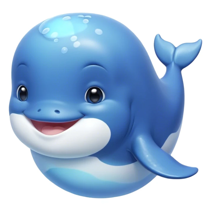 Cinematic happy baby whale, chubby rounded body, tiny smiling face, soft pastel blue hues, gentle glowing waves around, joyful and soothing. sticker