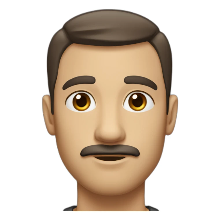 White man with dark brown short shag haircut, thick eyebrows, soulful brown eyes, large ears, pronounced cheekbones, and a simple moustache. sticker