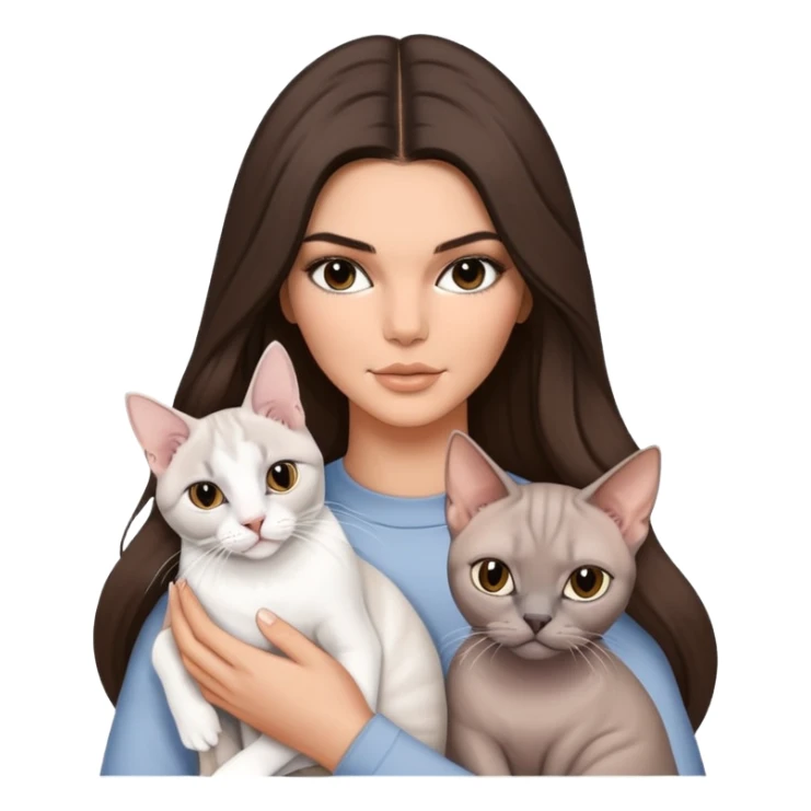 brunette Kendall Jenner with long hair holding on the hands a british white british cat and a grey Sphynx cat sticker