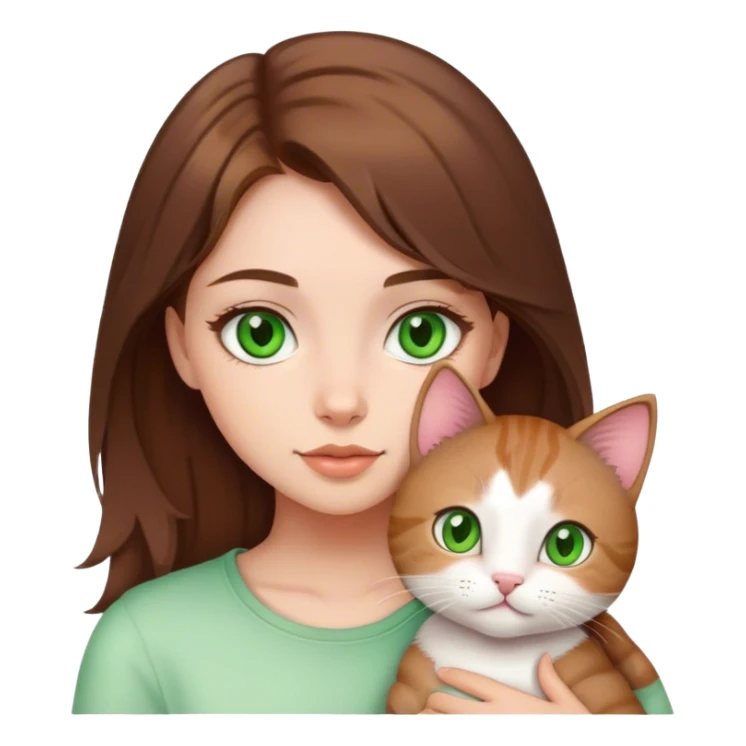 cute girl medium brown hair green eyes and a cute kitty sticker