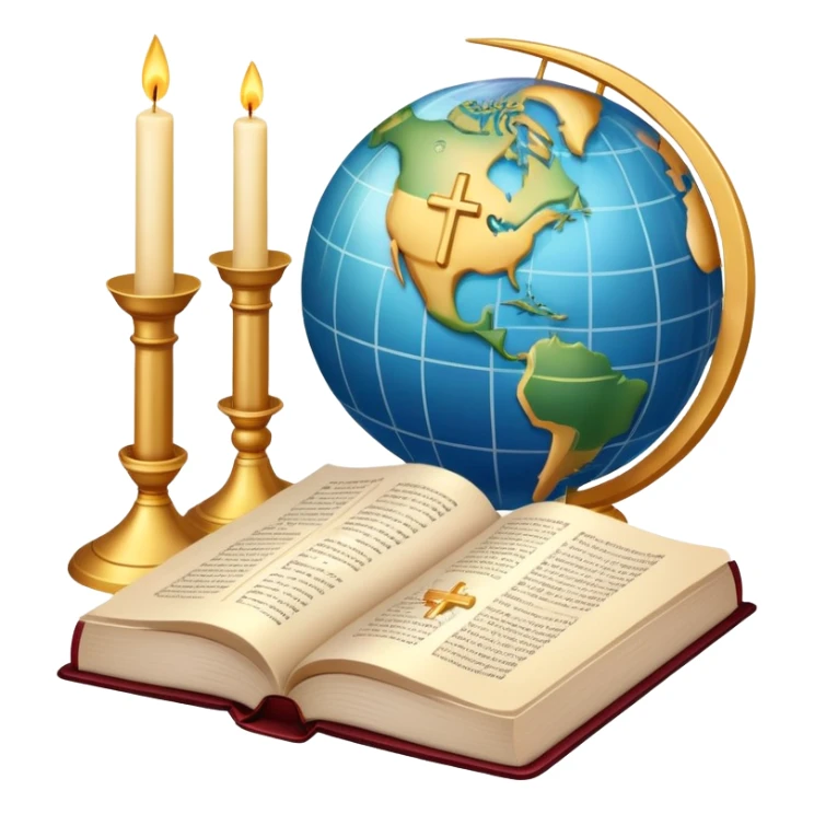 An icon featuring a holy book, a candle, and a cross, symbolizing religious studies. The design includes a globe with various religious symbols: a crescent moon and star (Islam), a lotus flower (Buddhism), representing global belief systems. Transparent background. sticker