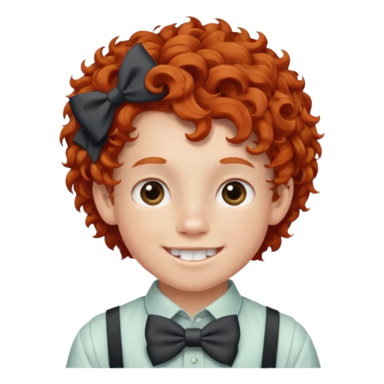 redhead kid with unique face features and very curly hair kid boy happy and braces on teeth, wearing a bow on head on hair just one bow sticker