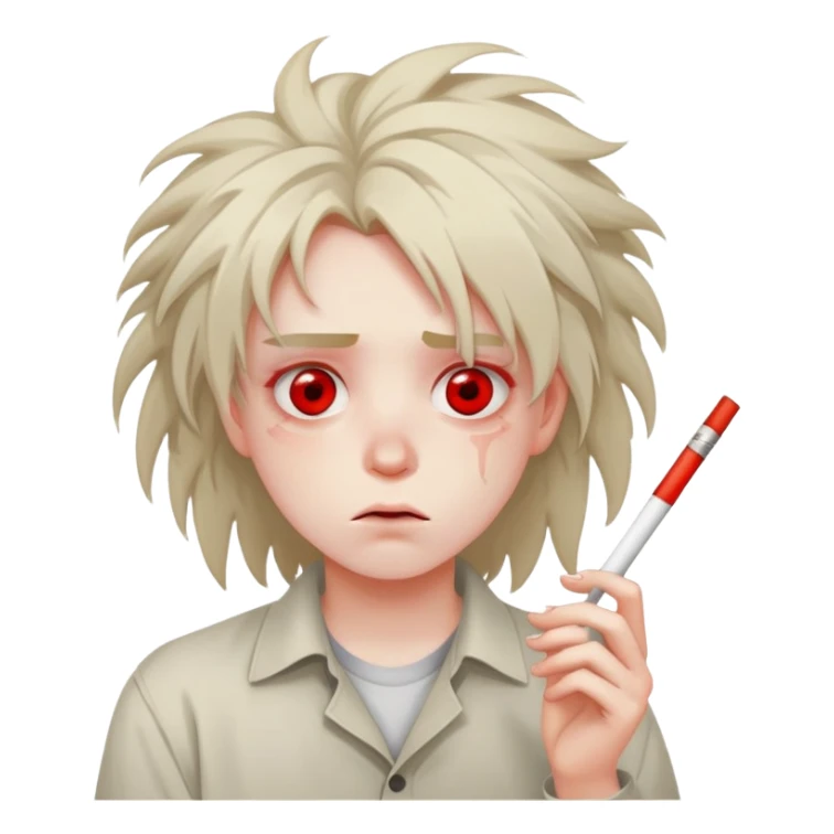 tired student with red eyes, messy hair, dazed expression, holding a joint sticker
