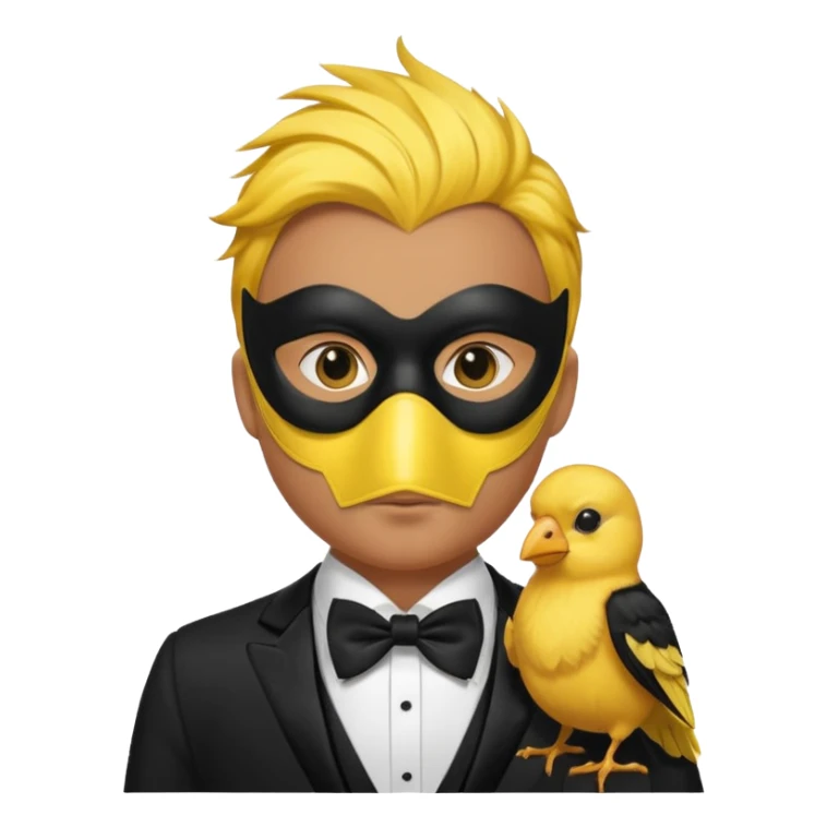 A man facing forward wearing a tuxedo with a mask depicting a yellow canary. sticker