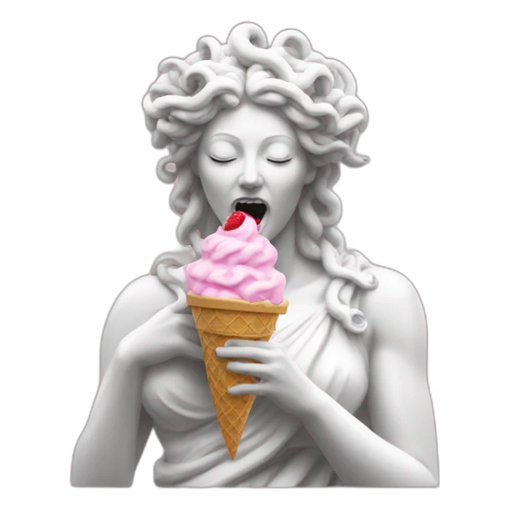 white statue of Medusa Gorgo eating pink ice cream sticker