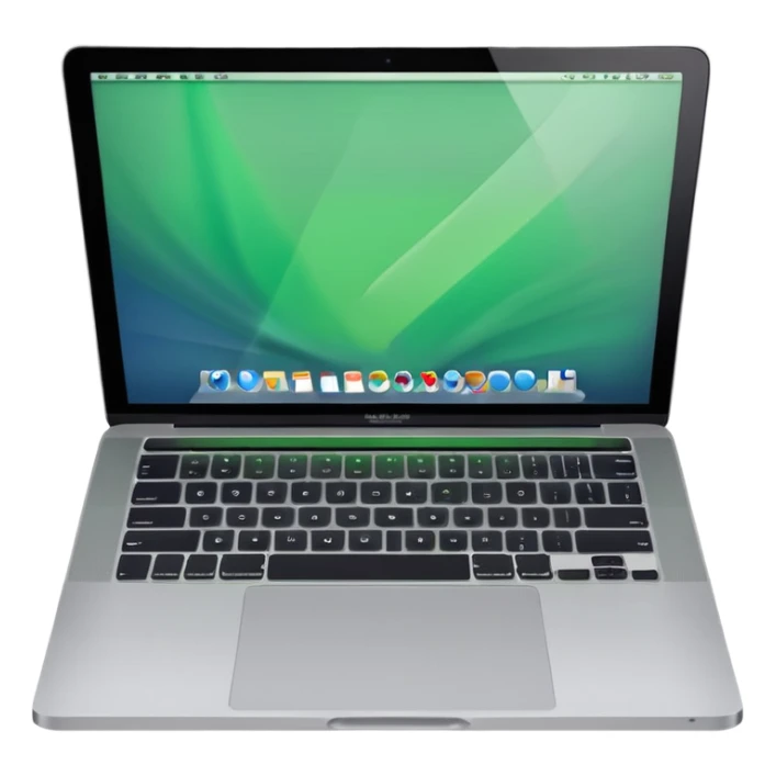 A macbook laptop front facing with its screen showing green screen. sticker