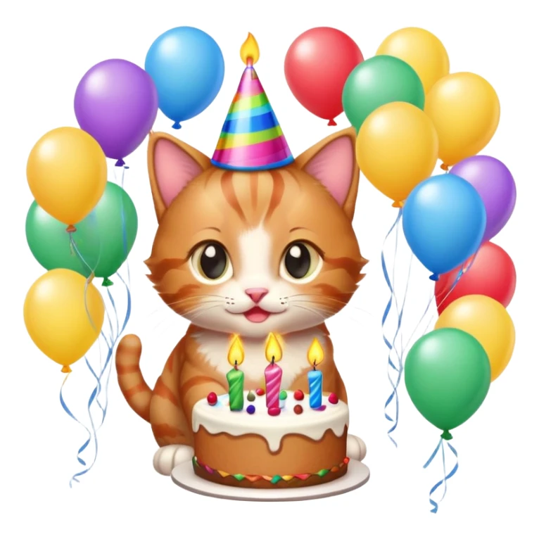 Ginger tabby kitten celebrates birthday, birthday hat, birthday cake, one candle, balloons, happy, gifts sticker