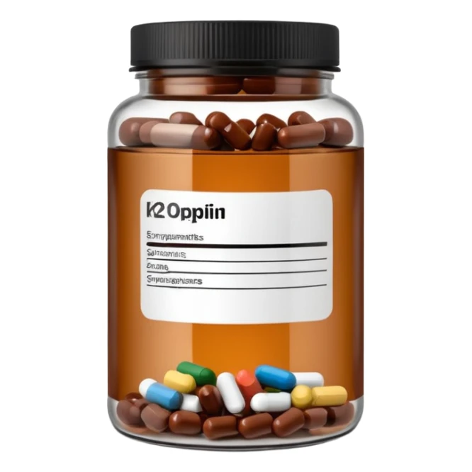 brown glass jar of supplements with white label, black thin title K2  sticker
