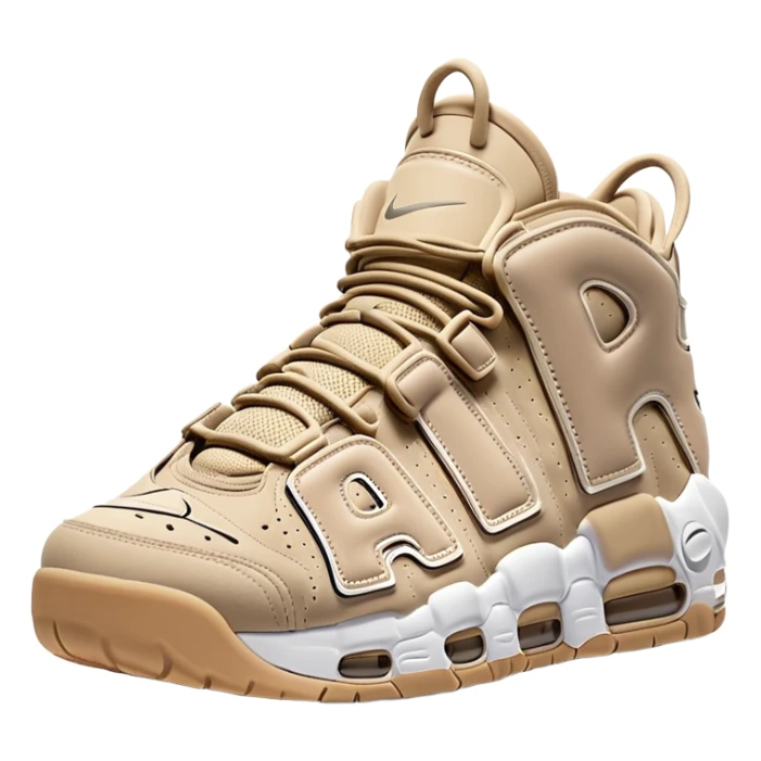 Two beige Nike Air More Uptempo sneakers arranged with one positioned behind the other, simple clean design with minimal details but distinct AIR lettering sticker