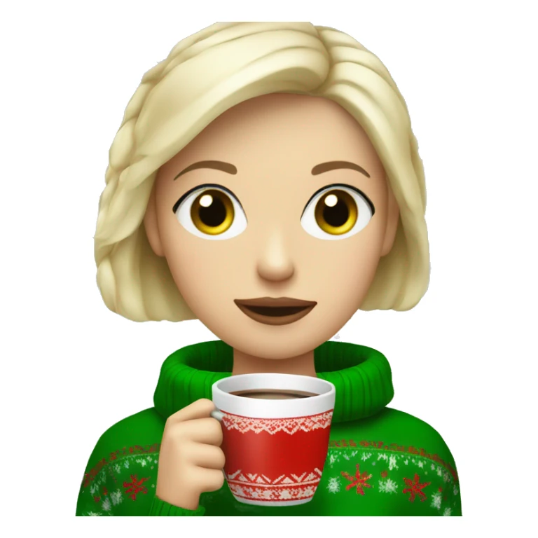 Short haired blonde girl with green eyes drinking coffee wearing Christmas sweater sticker