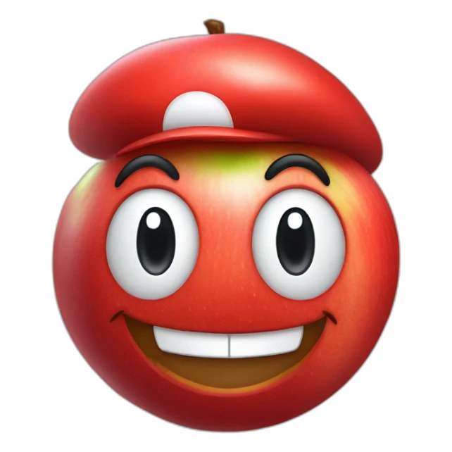 smiling red apple wearing a Mario hat sticker