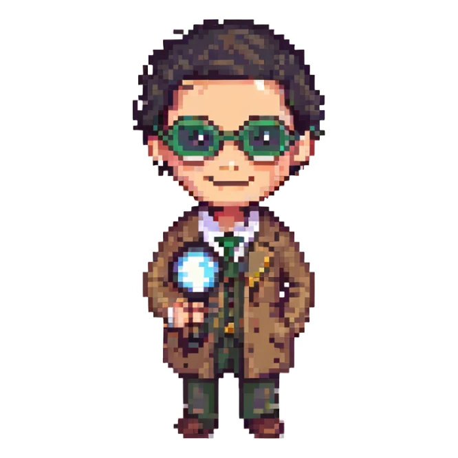 detective man with magnifying glass, raised eyebrows, smiling, pixel art style sticker