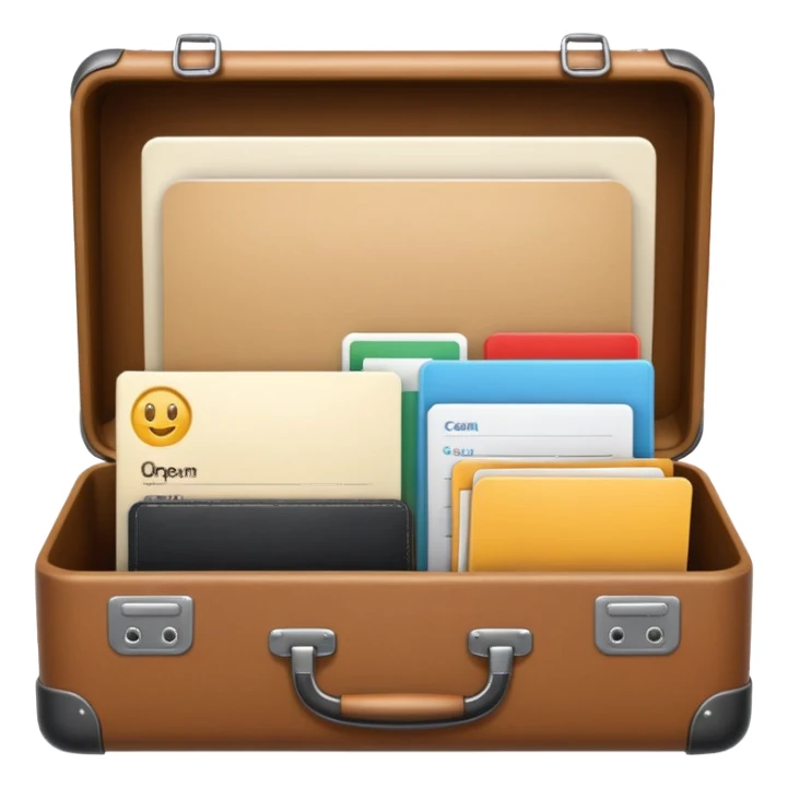 open suitcase with icons for CRM, tasks, chat, and documents, clean modern emoji style sticker