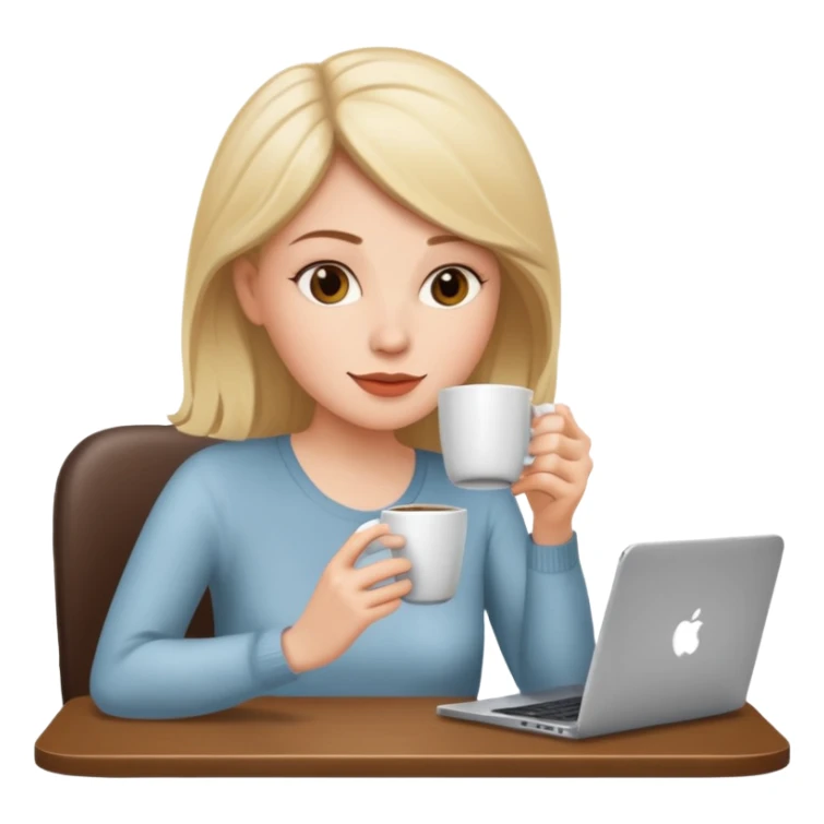 mujer blanca tomando un solo cafe y con un computador sentada en una mesa  sticker