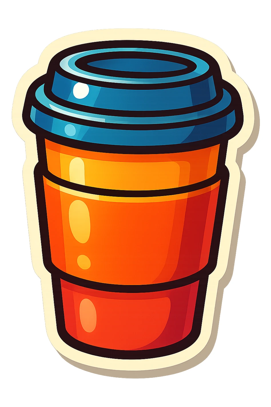 vector-style drawing of a takeaway coffee cup with a sleeve and lid, retro sticker style, bold outlines, glossy highlights, bright, smooth, playful sticker