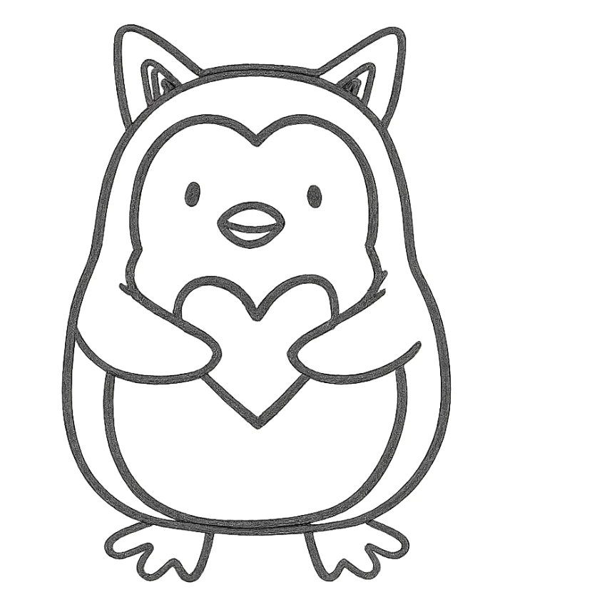 penguin holding a heart, wearing kitty ears, hand drawn icon style, sketchy black lines, no fill, playful, minimal, no background sticker