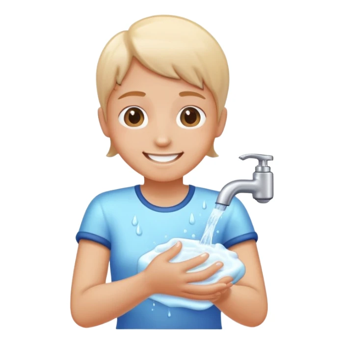 person washing hands with soap and water, cheerful expression, simple and clear sticker