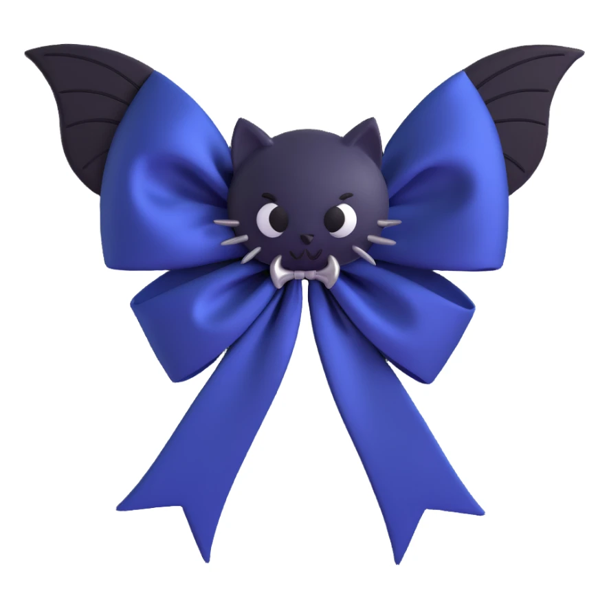 3D emoji gothic bow, midnight blue silk, silver bat brooch, black feather accents, mysterious and lush sticker