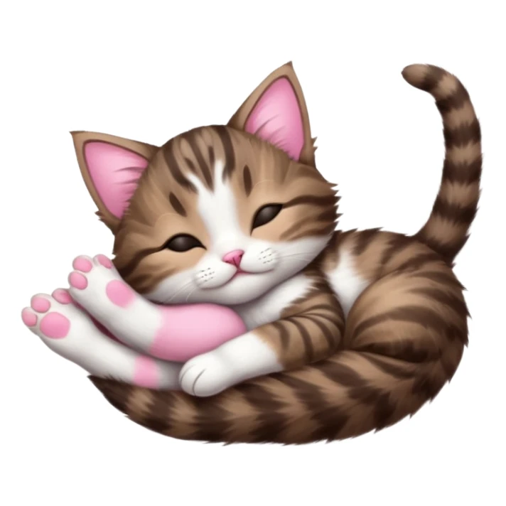 dark brown tabby and white kitten sleeping whilst in funny positions stretched out and  upside down sticker