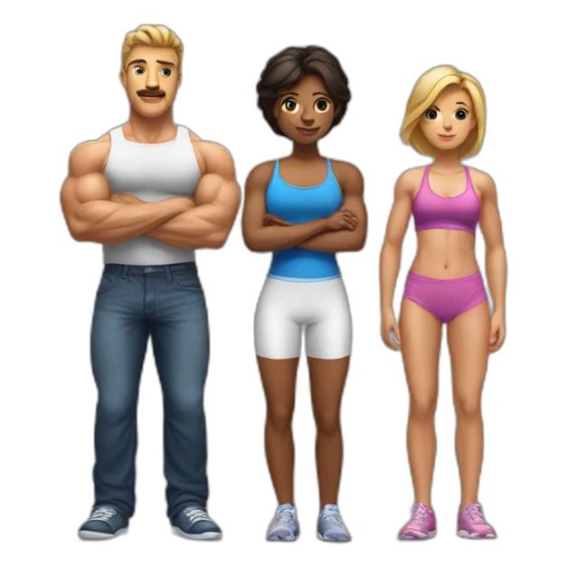 A short girl is sitting on a chair and two bodybuilders are standing behind her sticker