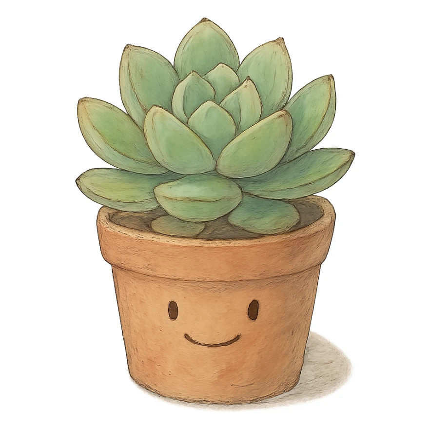 small potted succulent plant, Japanese pastel hand-drawn, full object, transparent background, with a gentle smile sticker