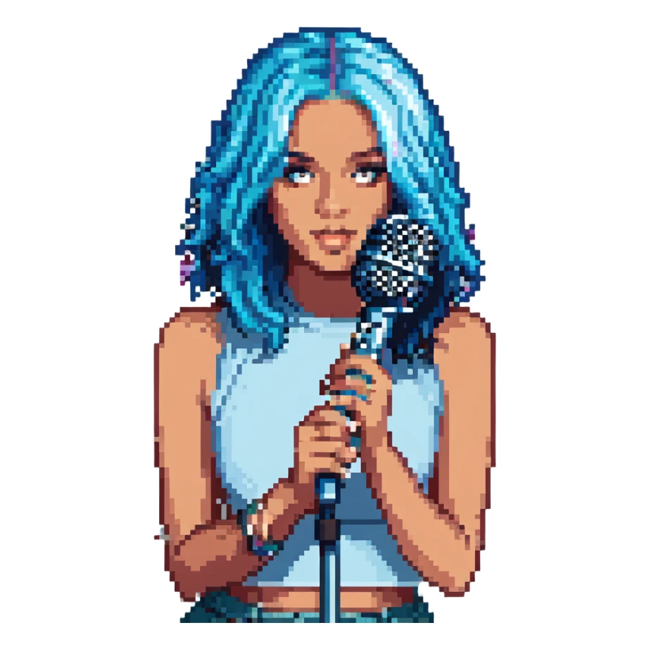Karol G pixel art with blue hair and microphone sticker