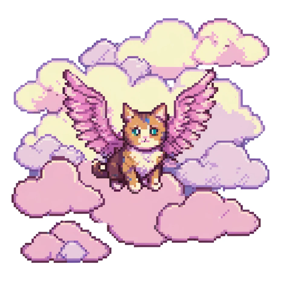 a cat with wings flying in pink clouds, pixel art style sticker
