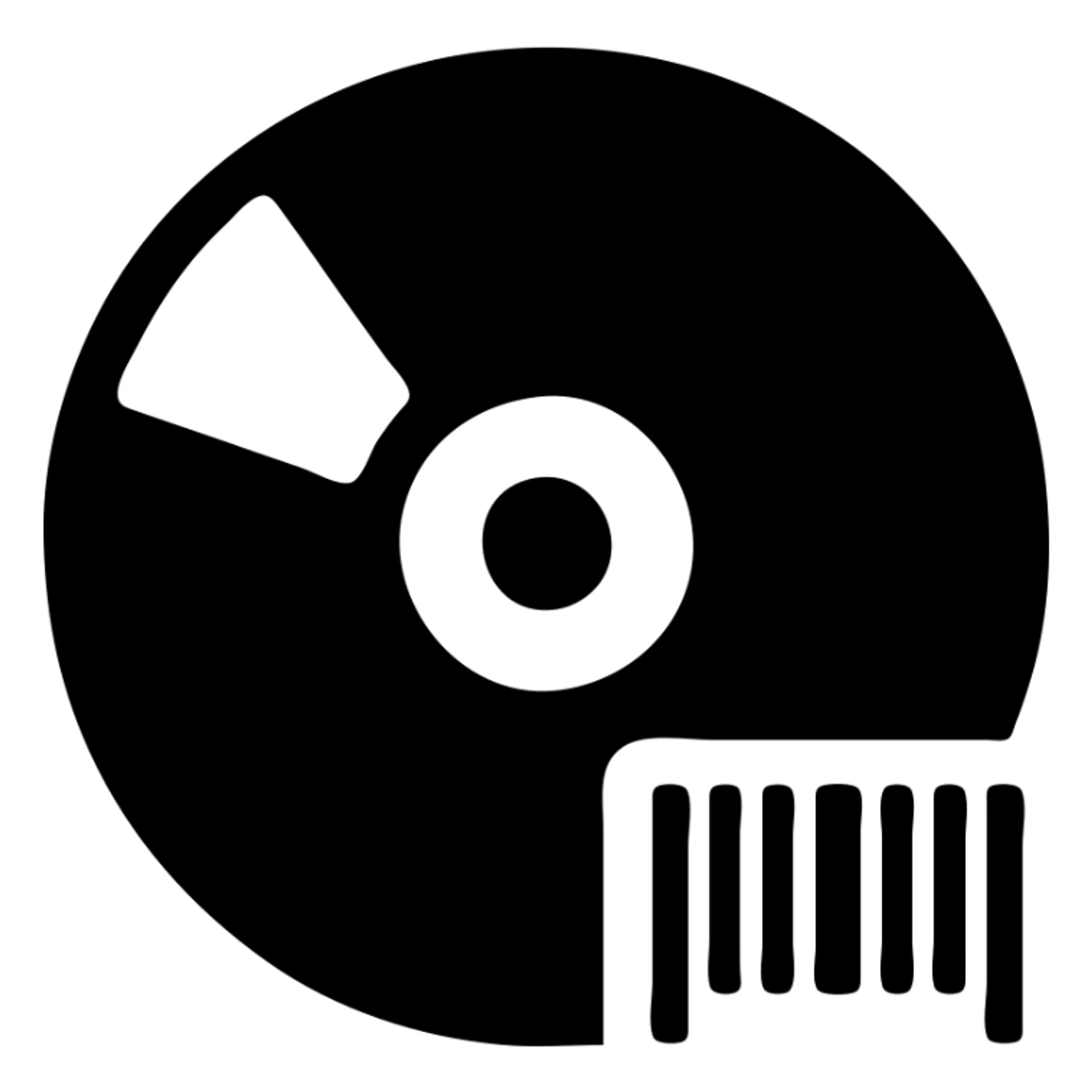 A CD disc in a black filled icon style, with a barcode. sticker