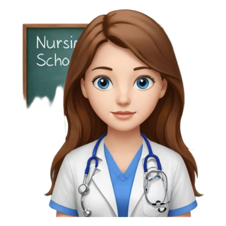 inside a classroom at university that says nursing school on the board with a pretty female nursing student with long brown hair, blue eyes sticker