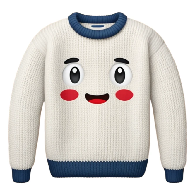 A 3D cartoon warm sweater with chunky knit texture, folded on a table, smooth shadows, Memoji-style realism. sticker