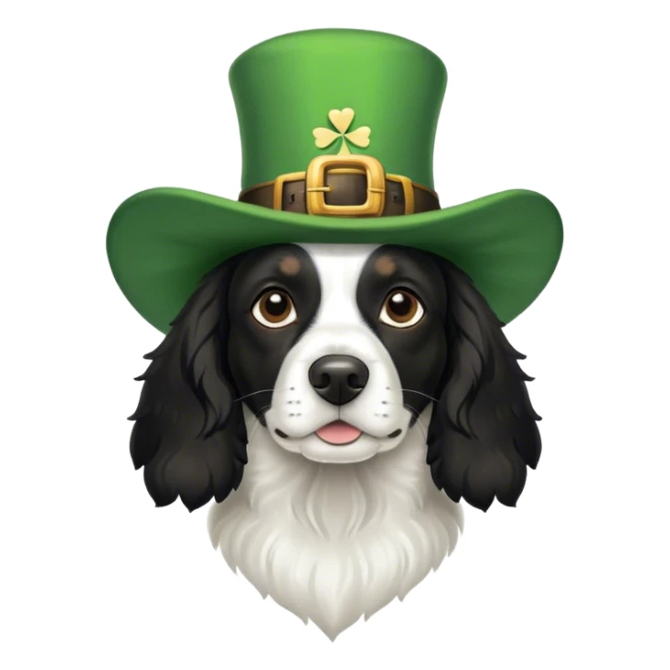 Black and white springer spaniel dog wearing a st Patrick’s day hat sticker