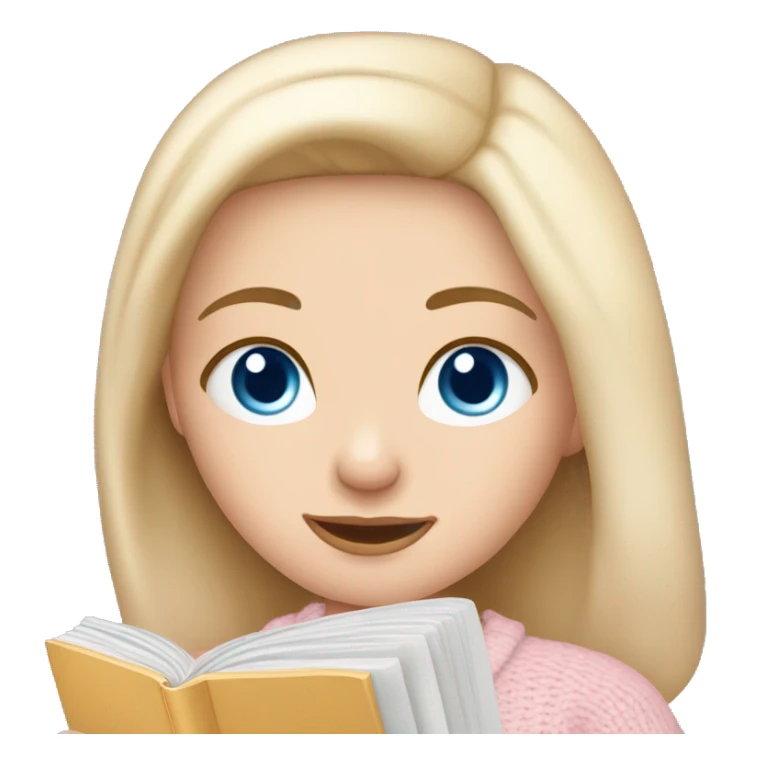 Pretty blue eyed white girl with light pink sweater reading cozy sticker