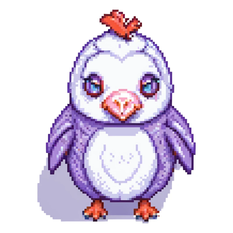 a chicken-pig-penguin creature with a purple nose and red teeth, pixel art style sticker