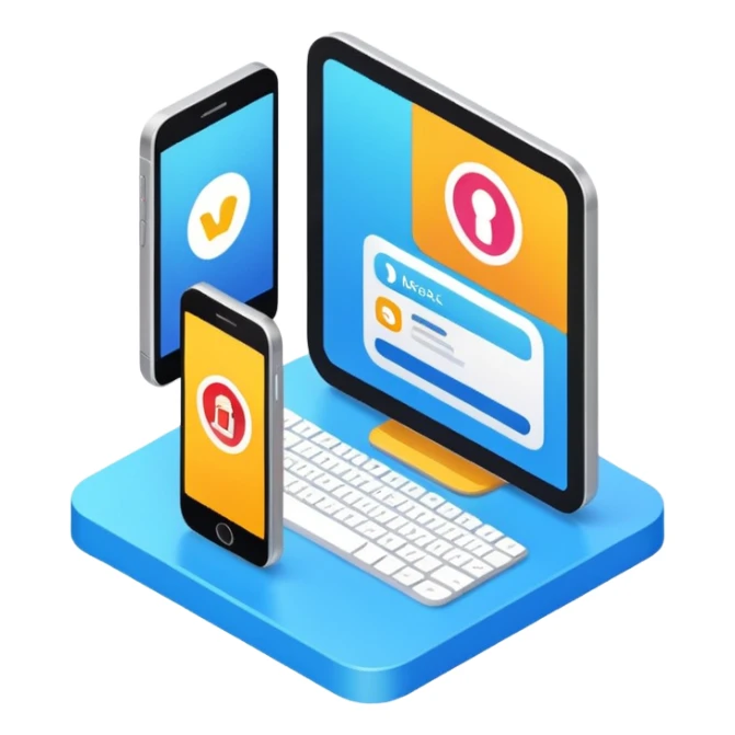 isometric, image of modern user experience with mobile, desktop portal, kiosk etc sticker