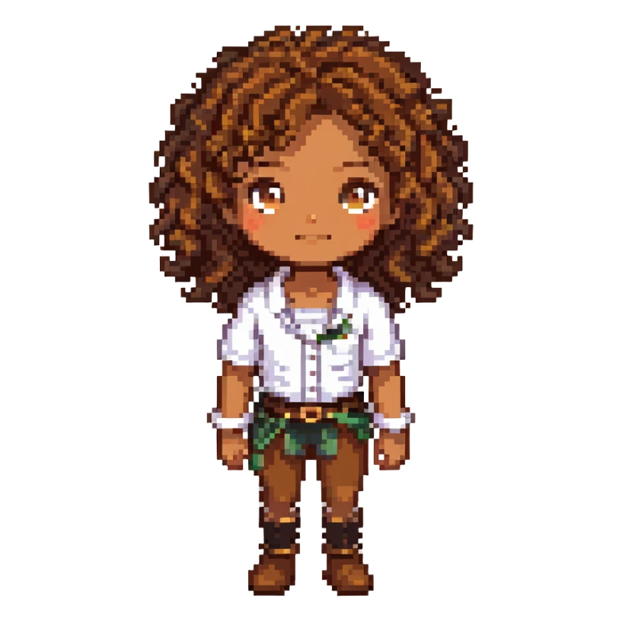 character with curly brown hair, brown eyes, brown skin sticker