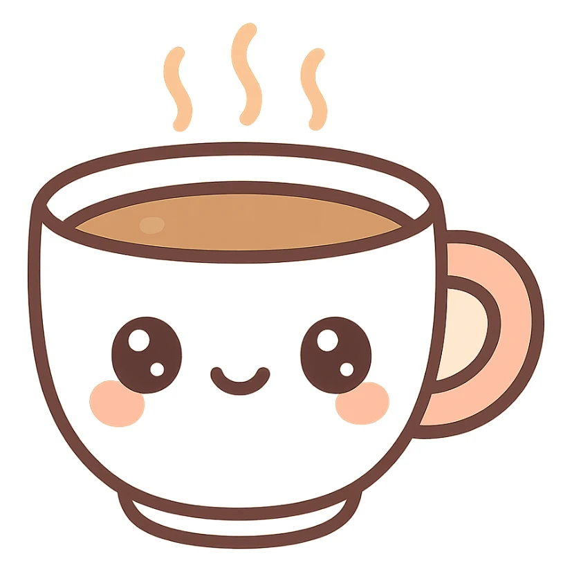 cup of coffee, kawaii chibi anime style, flat pastel colors, thick outlines, simple cute features sticker