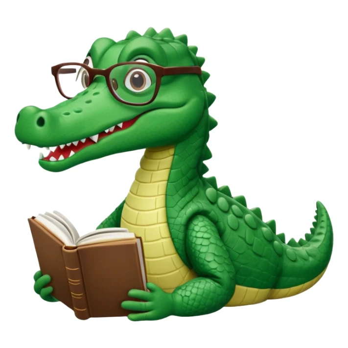 A claymation alligator with a book and glasses. The background is a solid white circle sticker