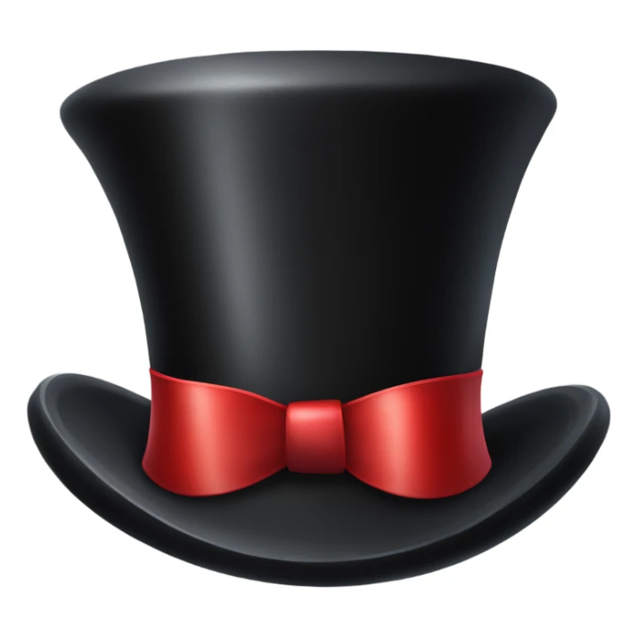 A black top hat displaying a red ribbon around the base. The ribbon forms a visible bow at the front, with the ends falling slightly over  sticker