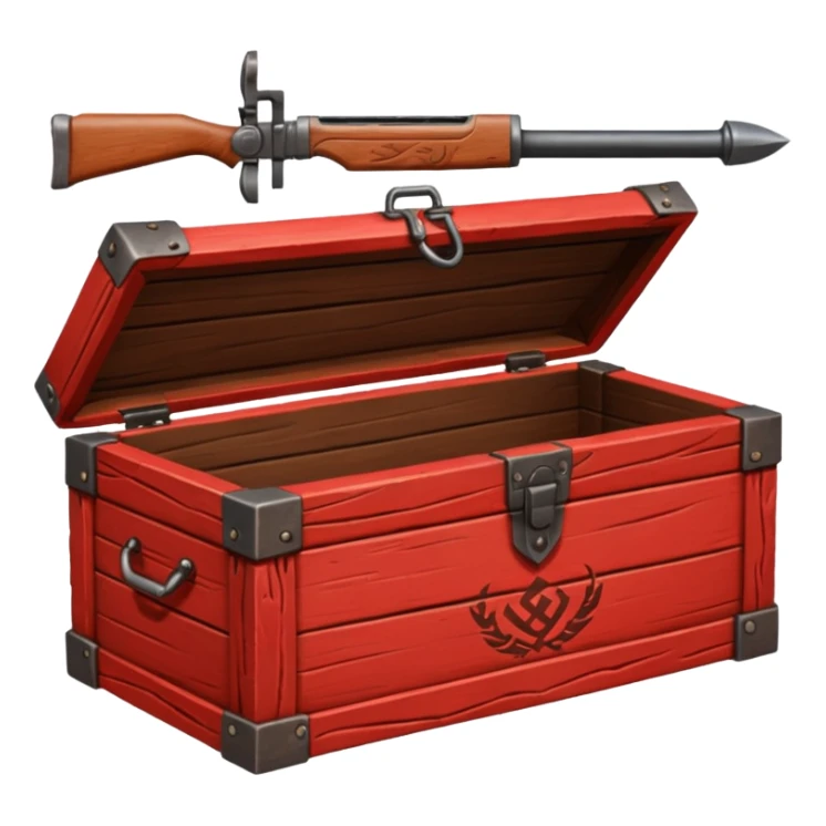 generate a very realistic wooden box with a red weapon inscription sticker
