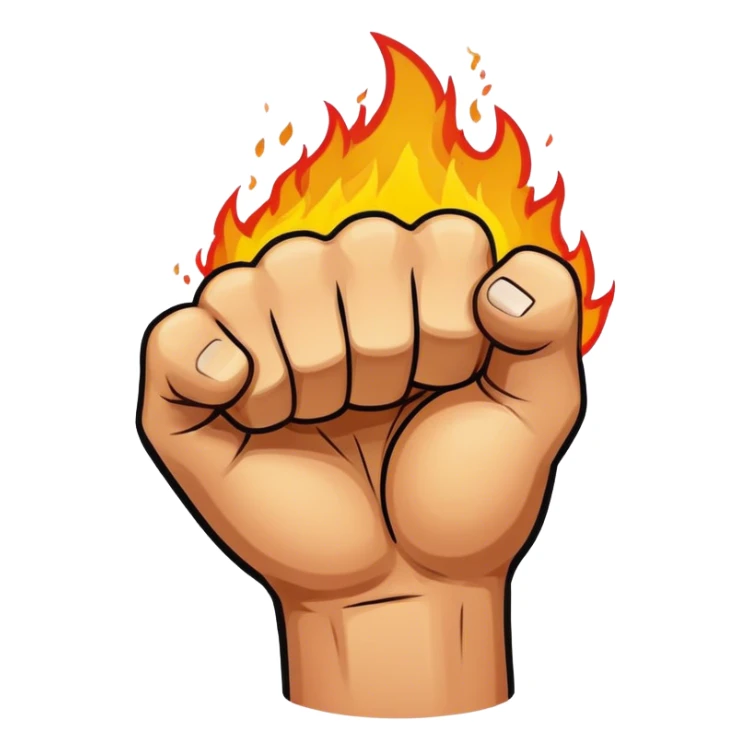 Simple cartoon fist punching with fire effect, bold outline. sticker