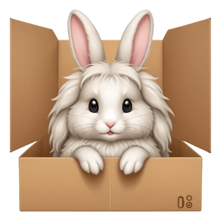  A very cute young Angora long haired rabbit  with one's head tilted to one side poked its paws out of the cardboard big box and placed them on top of it sticker