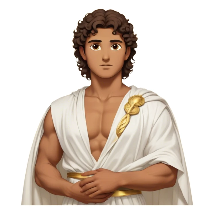 Cinematic Realistic Hercules Portrait, depicted as a classical Greek hero inspired by the Disney version yet echoing the refined proportions and serene dignity of Michelangelo's David. His idealized, sun-kissed tan skin glows with timeless strength, and his thick, curly wavy dark brownhair falls in natural, sculpted curls. Draped in a flowing white robe with delicate golden accents, his expressive eyes radiate determined nobility, all rendered under dynamic natural lighting with a mythic, radiant glow. sticker