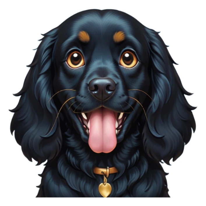 Cinematic Comical Black Cocker Spaniel Portrait Emoji, Head tilted dramatically with an exaggeratedly amused expression, featuring a shiny black coat with noticeable tan accents, wide, expressive dark eyes filled with playful disbelief, Simplified yet hilariously expressive features, highly detailed, glowing with a slightly sassy glow, high shine, dramatic yet playful, stylized with an air of cheeky mischief, bright and endearing, soft glowing outline, capturing the essence of a spirited and over-the-top companion, so meme-worthy it feels like it could side-eye its way into internet fame instantly! sticker